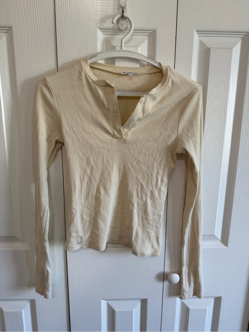 Reformation Henley Crop Top Ribbed Long Sleeve Cream Size XS